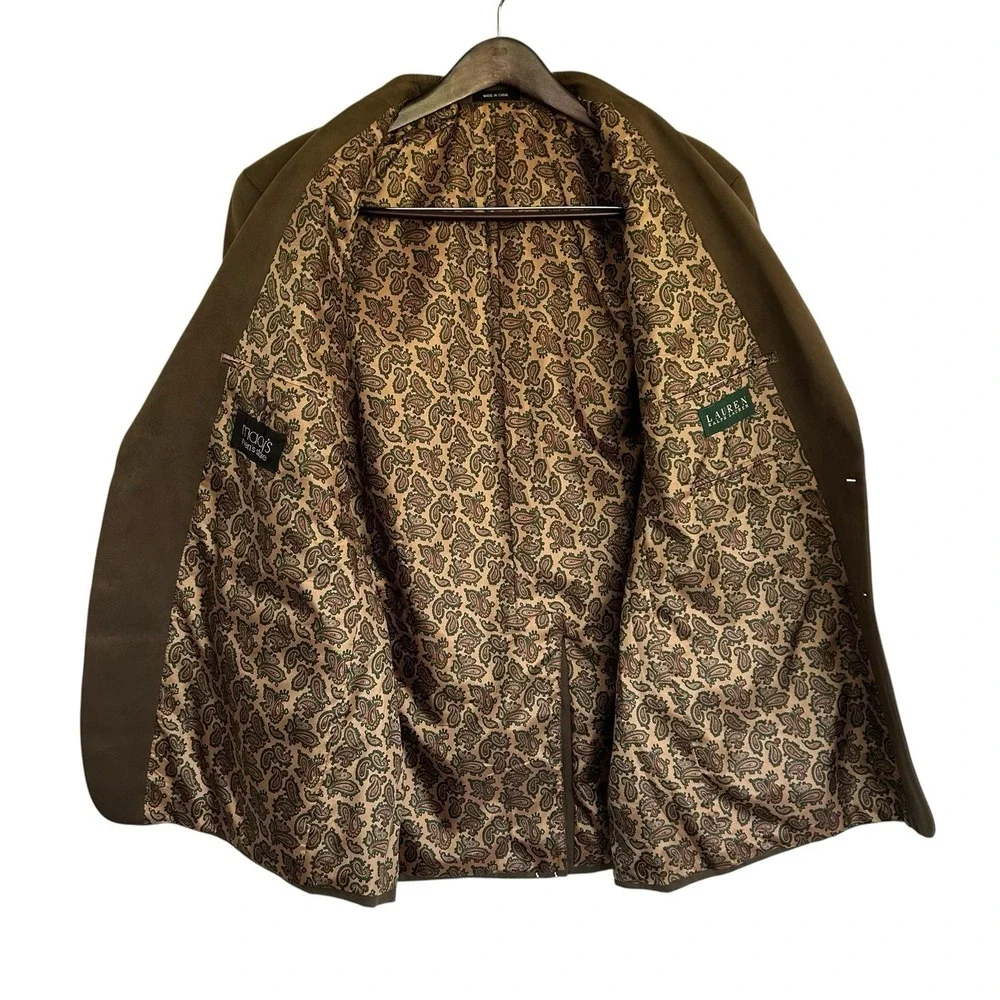 Lauren Ralph Lauren Faux Suede Blazer 46R Taupe Brown Paisley Lined Sport Coat
